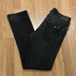 True Religion Ricky Men 34 (33x32) Relaxed Straight Jeans Black Denim Back Flaps